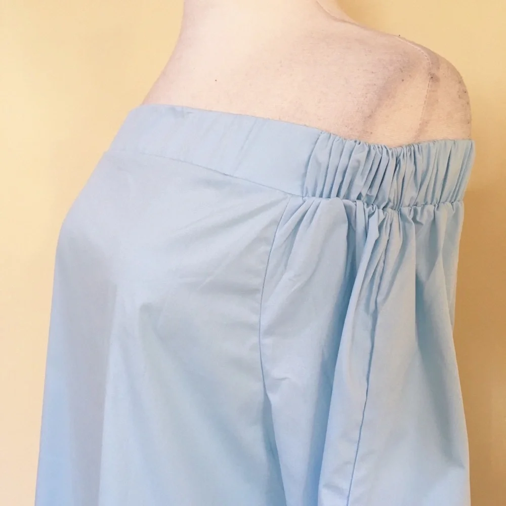 Off Shoulder Tie Cuff Dolphin Hem Blouse Baby Blue - Picture 5 of 6